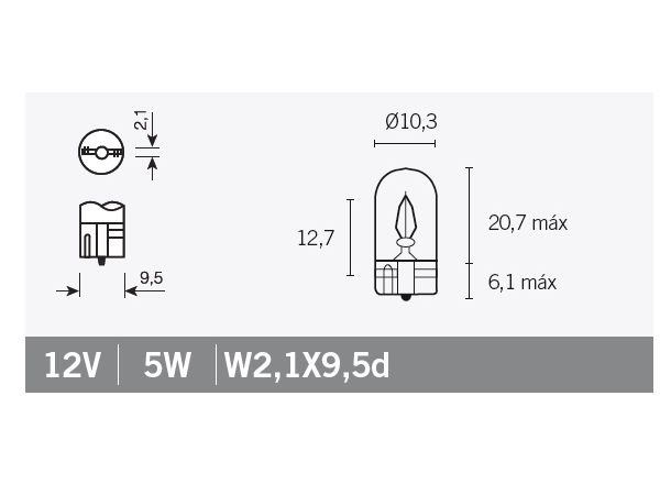 PÆRE 12V 5W T10 GLASSOKKEL (W2,1X9,5d) bilde 1